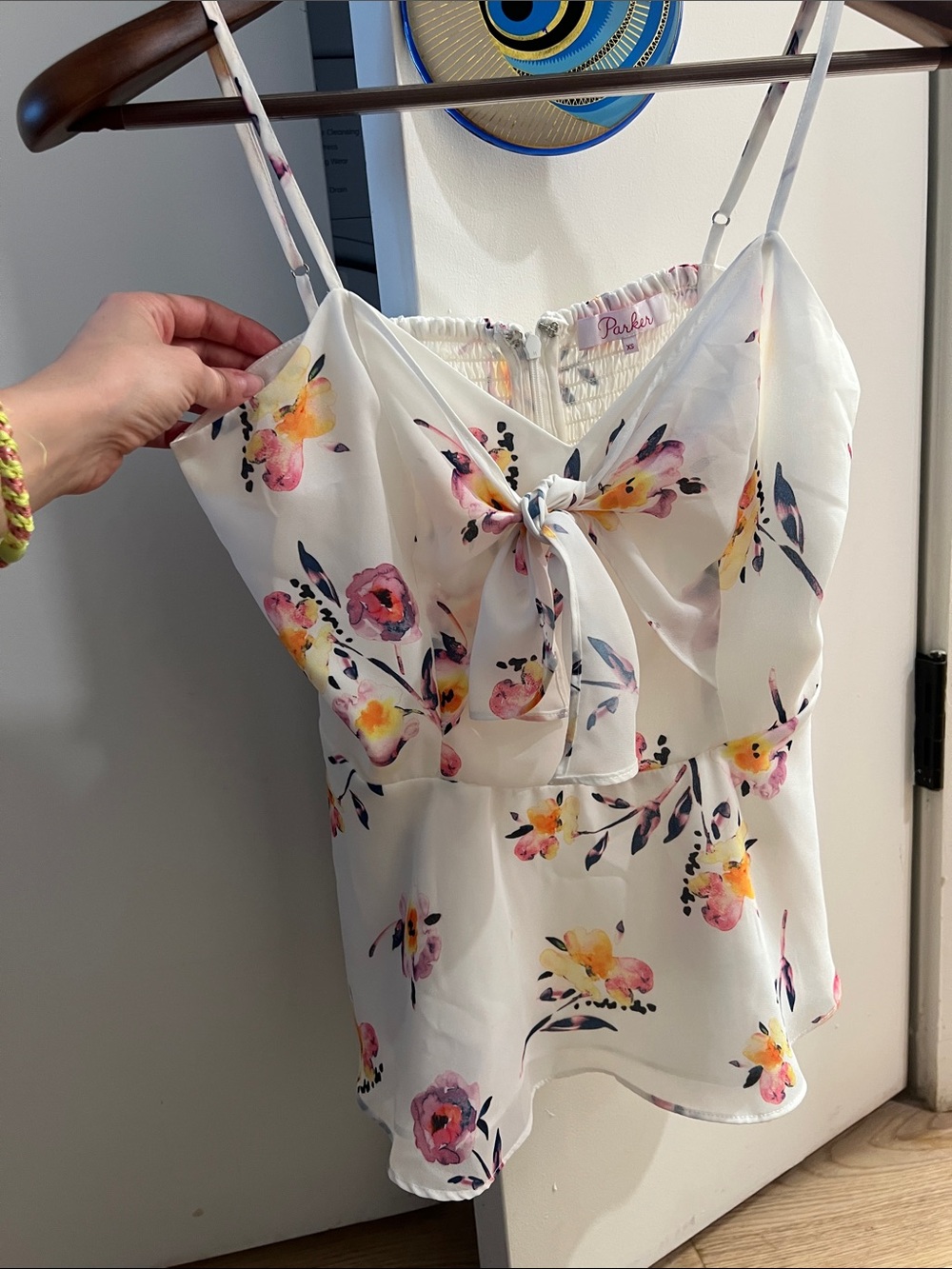 Parker White Floral Tie-Front Spaghetti Strap Camisole